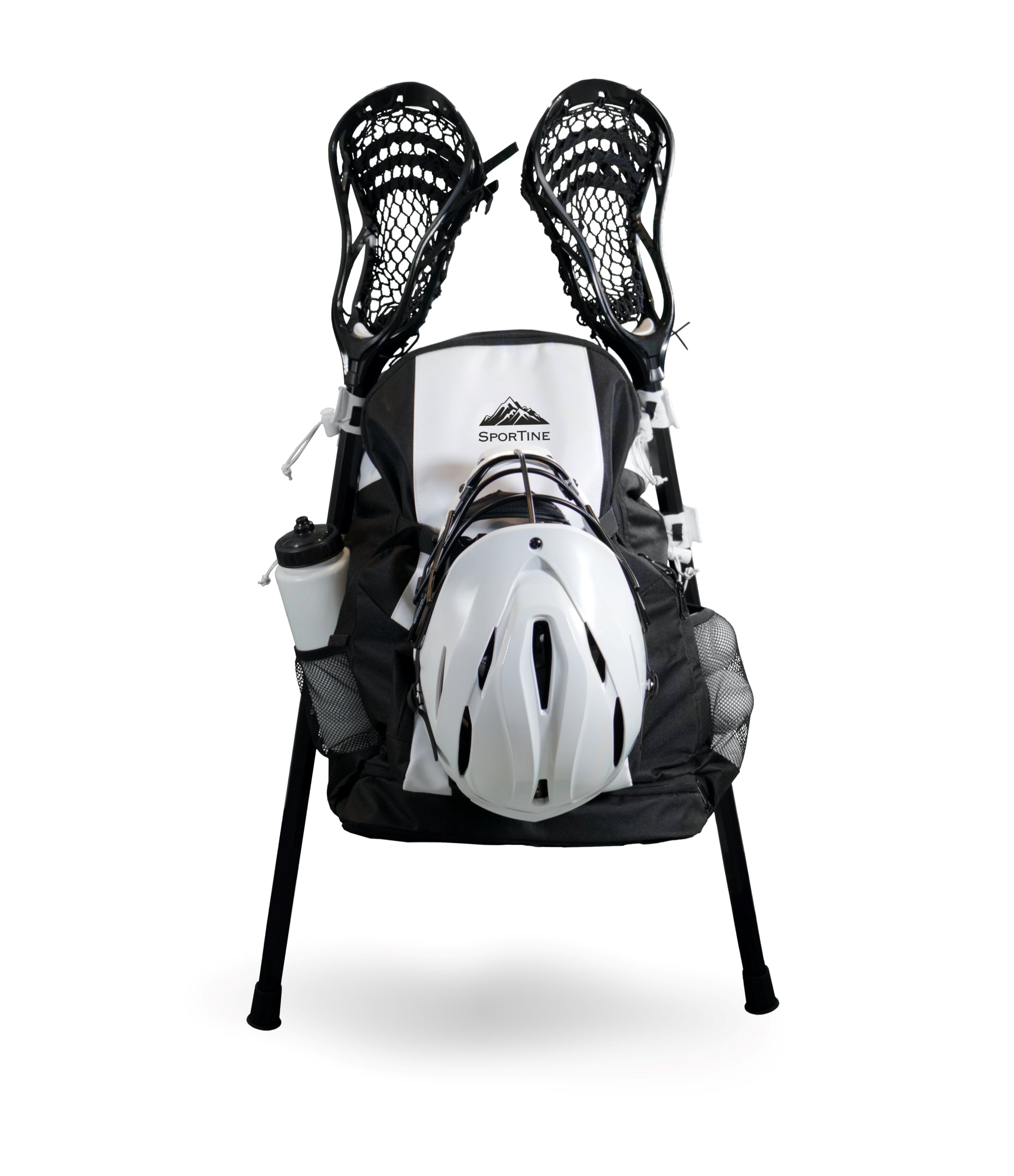 Black and white lacrosse equipment backpack with large compartments