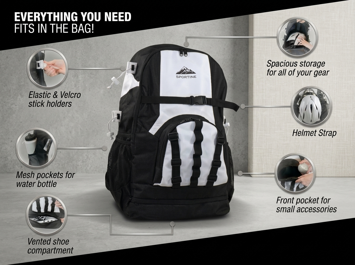 Unisex Lacrosse Bag for Boys & Girls – XL Backpack with Stick Holders & Cleat Compartment – Sportine Youth & Adult